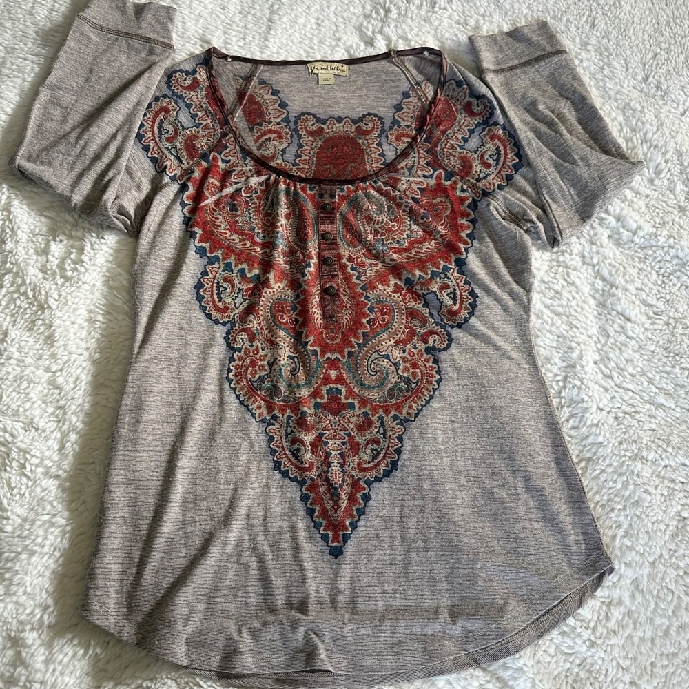 Live and Let Live XL Pink Paisley Boho Henley Blouse 3/4 Sleeve Embellished